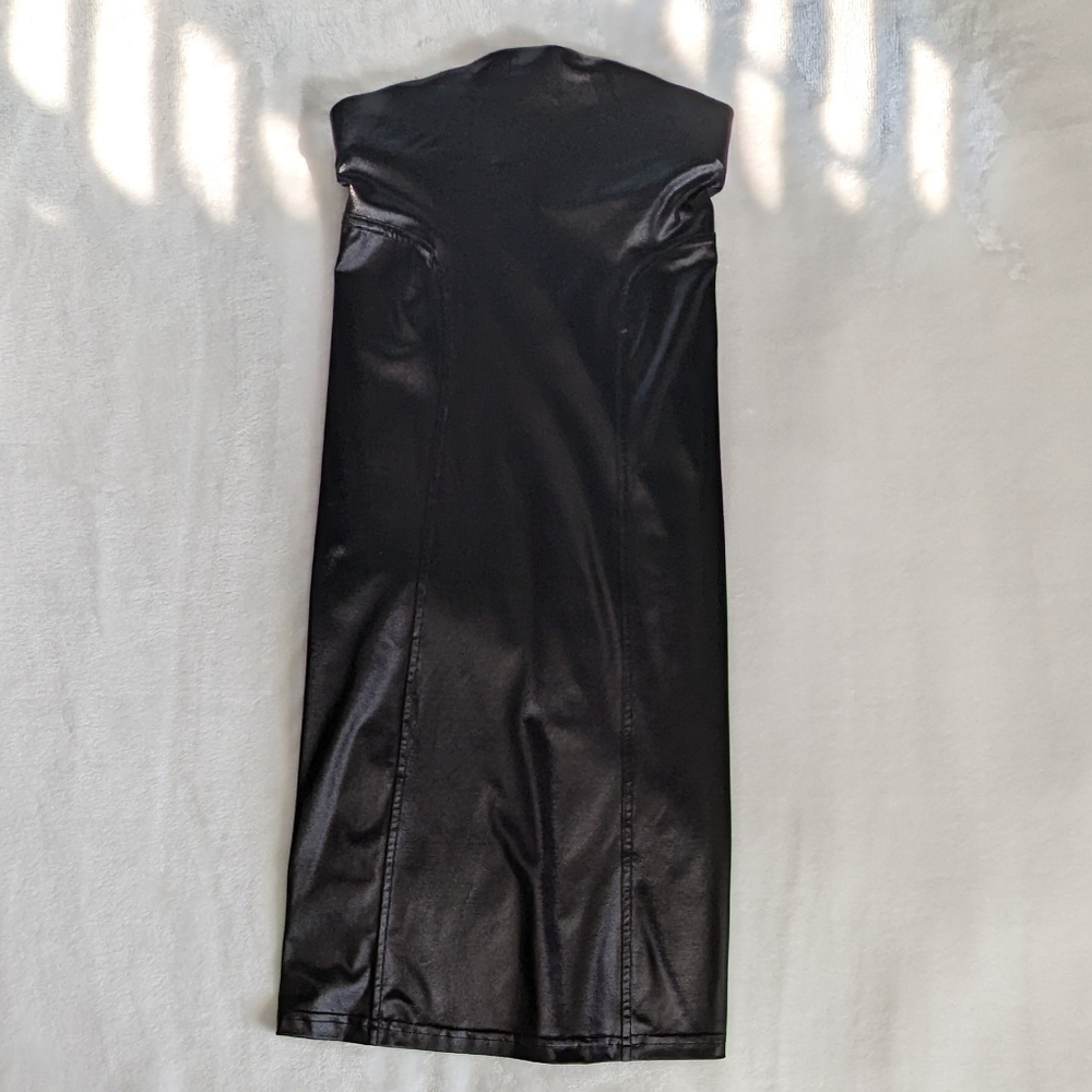 ❤️ Literature Noir black faux leather tight strapless little black dress size xs